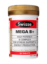 Swisse Ultiboost Mega B+ contains premium quality ingredients to help support the body during times of stress, assist energy release from food and help maintain general wellbeing.
Swisse Ultiboost Mega B+ is a comprehensive formula containing high potency B vitamins, minerals, lemon balm, vitamin E and C.
B vitamins help the body metabolise food into energy and provide increased nutritional support during periods of nervous tension and stress. When lifestyles include processed foods, alcohol, sugar, caffeine and stress, B vitamin levels in the body may be depleted.
Swisse Ultiboost Mega B+ may help supplement levels of B vitamins in the body.
The Swisse Ultiboost range is based on over 25 years of research.