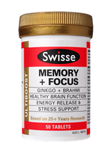 Swisse Ultiboost Memory + Focus contains premium quality ingredients to help support brain function, assist with stress support and help energy release from food.
Swisse Ultiboost Memory + Focus is a comprehensive formula containing ginkgo and brahmi.
Ginkgo helps maintain healthy circulation and the delivery of oxygenated blood to the brain. Brahmi is included to support memory function and recall.
B vitamins are also included to help support the body during times of stress and help with the metabolism of food into energy.
The Swisse Ultiboost range is based on over 25 years of research.