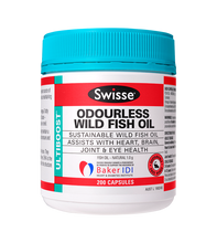 Swisse Ultiboost Odourless Wild Fish Oil contains a premium source of omega-3 beneficial for the heart, brain, joints and eye function as well as maintaining general health.

Swisse Ultiboost Odourless Wild Fish Oil contains premium quality omega-3 fatty acids, EPA and DHA, sourced from fish that swim freely in the Pacific Ocean – ‘sustainable free range fish’. They are completely free from ‘fishy’ taste or smell.

Studies show omega-3 fatty acids can play an important role in helping maintain a healthy cardiovascular system by supporting normal circulation, blood pressure and cholesterol in healthy individuals.

Omega-3 fatty acids may be beneficial for joint health and are vital for vision. They play a structural and functional role in the retina and nerve cells of the eye. DHA is the predominant fatty acid in the central nervous system and is important for brain cell structure.

The Swisse Ultiboost range is based on over 25 years of research.