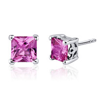 3.00 Carats Pink Sapphire Princess Cut Scroll Design Stud Earrings in Sterling Silver Style SE8028