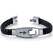 Mens Stainless Steel and Braided Leather Cross Motif Bracelet Style SB3920