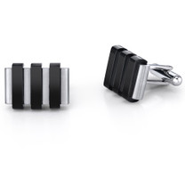 Mens Stainless Steel Cuff Links With Raised Black Stripe Accents On Black Cord Necklace Style SC1042
