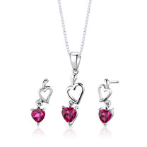 Sterling Silver Heart Shape Ruby Pendant Earrings Set Style SS2744