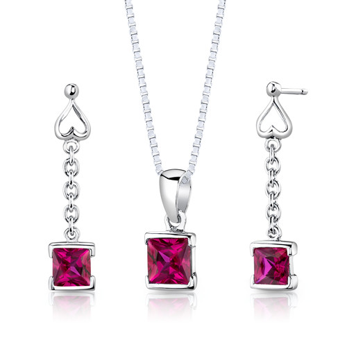 Sterling Silver Princess Cut Ruby Pendant Earrings and 18 inch Necklace ...