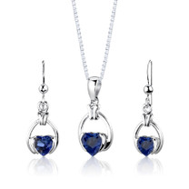 Sterling Silver Heart Shape Sapphire Pendant Earrings Set Style SS2970