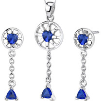 Dainty 2.50 carats Trillion Heart Shape Sterling Silver Sapphire Pendant Earrings Set Style SS3290