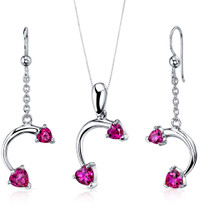 Love Duet 2.25 carats Heart Shape Sterling Silver Ruby Pendant Earrings Set Style SS3736