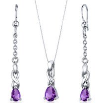 Enchanting Solitaire 1.00 carats Pear Shape Sterling Silver Amethyst Pendant Earrings Set Style SS3838