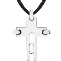 Surgical Stainless Steel Brushed Finish Modern Cross on a Black Cord Style SN7994