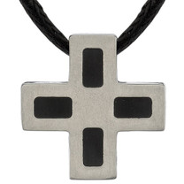Titanium Brushed Finish and Black Rubber-inlay Square Cross Pendant on a Black Cord Style SN8058