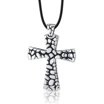 Stainless Steel Cobblestone Style Cross with Black Enamel Pendant on a Rubber Cord Style SN8150