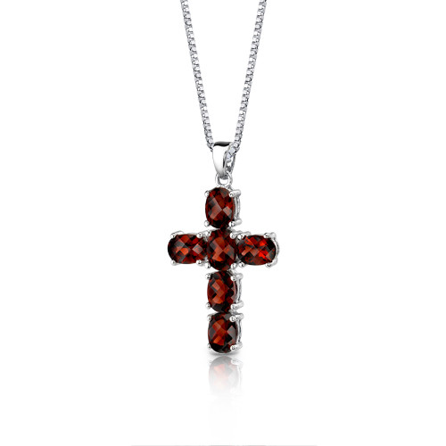 Garnet Cross Pendant Necklace Sterling Silver 6.00 Carats 