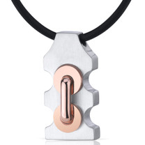 Mens Stainless Steel Pendant with Raised Handlebar Motif and Rose Gold Accents on Black Cord Style SN9138