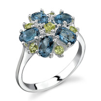 Flower Design 3.25 carats London Blue Topaz Peridot Sterling Silver Ring in Sizes 5 to 9 Style SR3412