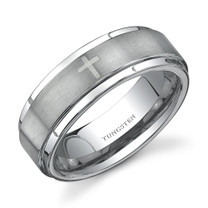 Flat Edge Brush Finish with Cross Laser Pattern 7 mm Mens Tungsten Ring Size 8 to 13 Style SR9496