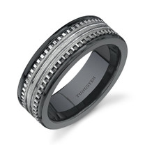 Rounded Edge 7 mm Mens Black Ceramic and Tungsten Combination Ring Size 8 to 13 Style SR9518
