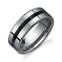 High Polish Black Carbon Fiber 8 mm Comfort Fit Mens Tungsten Ring Sizes 8 to 13 Style SR9536