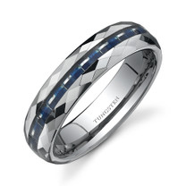 Faceted Edge Blue Carbon Fiber 6mm Comfort Fit Mens Tungsten Ring Size 8 to 13 Style SR9552