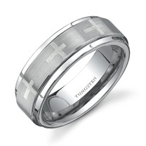 Flat Edge Brush Finish with Cross Laser Pattern 7 mm Mens Tungsten Ring Size 8 to 13 Style SR9570