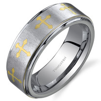 Cross Motif 8 mm Comfort Fit Mens Silver Tone Tungsten Ring Sizes 8 to 13 Style SR9664