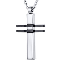 Two Black Stripe Polished Stainless Steel Cross Pendant With 22 inch Chain Style SN10840