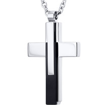 Multi-Layered Black Accent Polished Stainless Steel Cross Pendant With 22 inch Chain Style SN10846