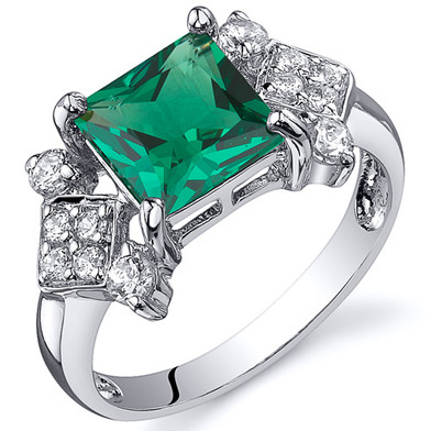 Princess Cut 1.50 carats Emerald Ring in Sterling Silver Rhodium Finish ...