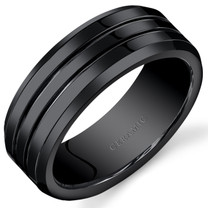 Mens 8mm Black Ceramic Wedding Band Ring Twin Grooves