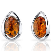 Baltic Amber Stud Earrings Sterling Silver Cognac Color Oval Shape SE8502 SE8502