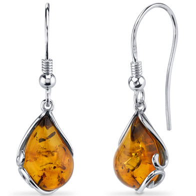 Baltic Amber Tear Drop Earrings Sterling Silver Cognac Color Fish Hook SE8508 SE8508