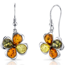 Baltic Amber Clover Earrings Sterling Silver Olive Honey and Cognac Colors SE8516 SE8516