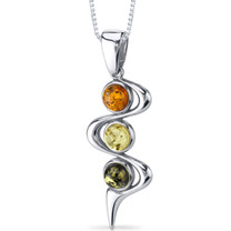 Three Stone Baltic Amber Pendant Necklace Sterling Silver Green Honey Cognac Colors SP11092 SP11092