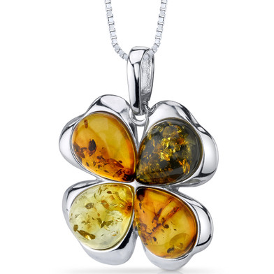 Baltic Amber Clover Pendant Necklace Sterling Silver Honey Olive and Cognac Colors SP11100 SP11100