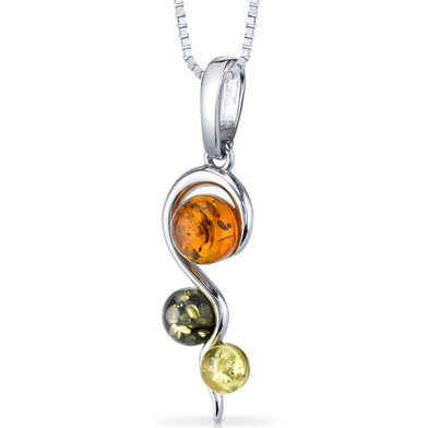 Three Stone Baltic Amber Spiral Pendant Necklace Sterling Silver Green Honey Cognac Colors SP11118 SP11118
