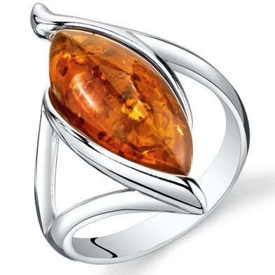 Baltic Amber Elliptical Ring Sterling Silver Cognac Color Marquise Shape Sizes 5-9 SR11318