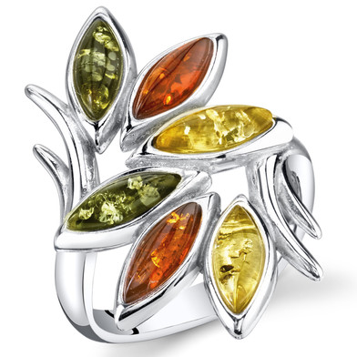 Baltic Amber Leaf Branch Ring Sterling Silver Multiple Colors Sizes 5-9 SR11320