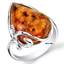 Baltic Amber Large Tear Drop Ring Sterling Silver Cognac Color Sizes 5-9 SR11324