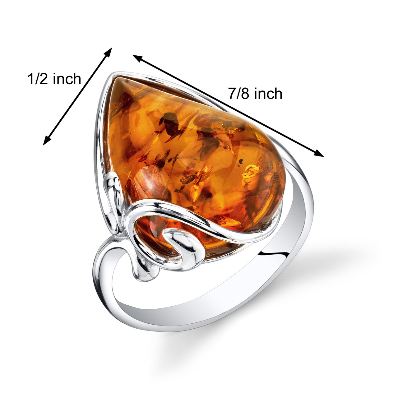 Amber Large Tear Drop Ring Sterling Silver Cognac Sizes 5-9 SR11324