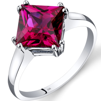 14K White Gold Created Ruby Solitaire Ring 3.25 Carat Princess Cut