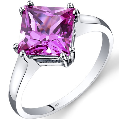 14K White Gold Created Pink Sapphire Solitaire Ring 3.25 Carat Princess Cut