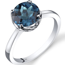 14K White Gold London Blue Topaz Solitaire Ring 2.25 Carat Checkerboard Cut