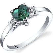 14K White Gold Created Emerald Diamond Heart Ring 0.75 Carat