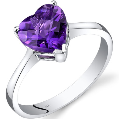 14K White Gold Amethyst Heart Solitaire Ring 1.50 Carat