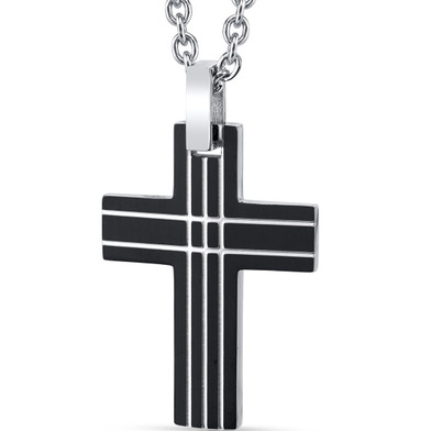 Black Lined Designer Stainless Steel Cross Pendant with 22 inch Necklace SN11130