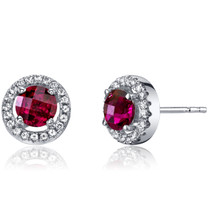 14K White Gold Created Ruby Halo Earrings Round Checkerboard Cut 1.25 Carats