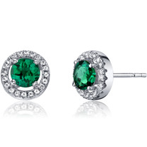 14K White Gold Created Emerald Halo Earrings Round Checkerboard Cut 1.00 Carats