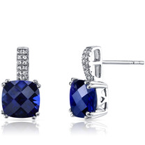 14K White Gold Created Sapphire Earrings Cushion Checkerboard Cut 6.00 Carats