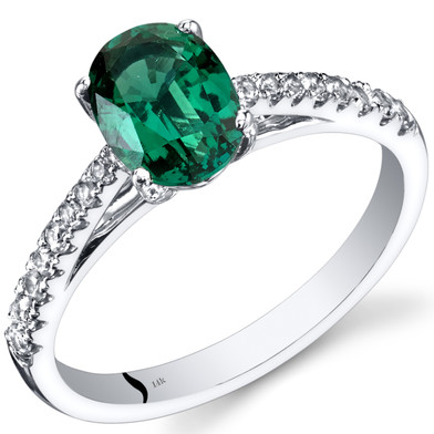 14K White Gold Created Emerald Ring Oval Cut 1.25 Carats