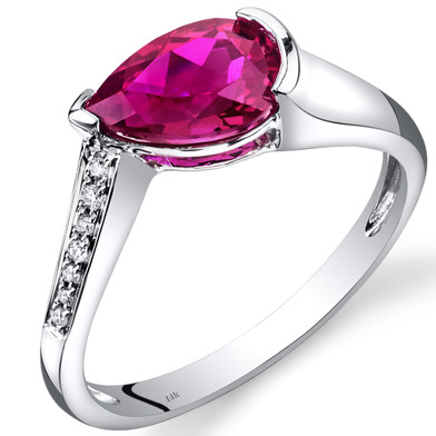 14K White Gold Created Ruby Diamond Tear Drop Ring 1.54 Carats Total