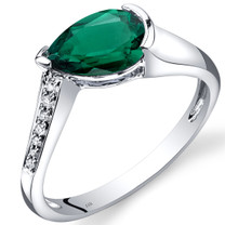 14K White Gold Created Emerald Diamond Tear Drop Ring 1.04 Carats Total